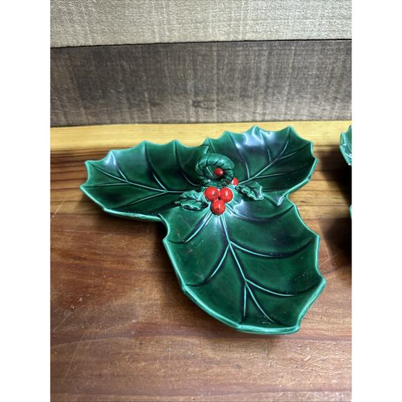 Lefton Green Holly berry Leaf Divided Candy Dish Set Of 2 - Picture 2 of 8